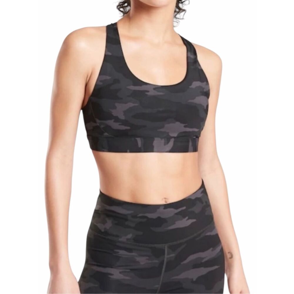 ATHLETA Ultimate Printed Black Camo Strappy Racerback Sports Bra Size S